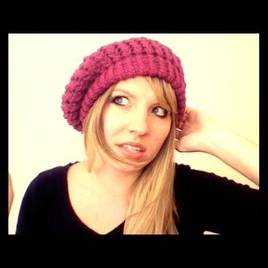 Handmade Slouchy Beret Hot Pink Knit Cap